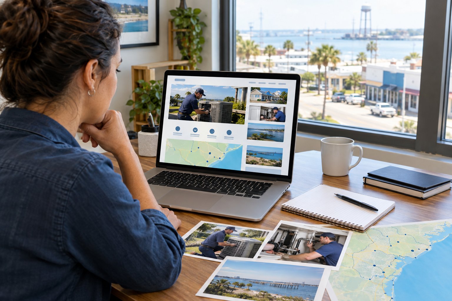 A local business owner reviews a service website beside photos of home repairs and a county map.